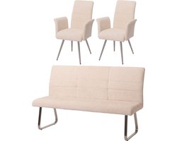 Eetkamerset MCW-G55, set van 2 stoelen met armleuningen + zitbank 180cm, geborsteld roestvrij staal stof/textiel chenille ~ crème