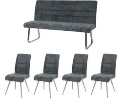 Eetkamerset MCW-G55, set van 4 stoelen + bank 160cm, geborsteld roestvrij staal stof/textiel chenille ~ blauwgroen