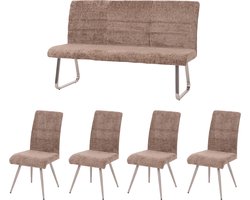 Eetkamerset MCW-G55, set van 4 stoelen + bank 160cm, geborsteld roestvrij staal stof/textiel chenille ~ bruin