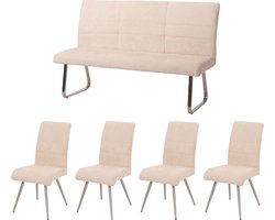 Eetkamerset MCW-G55, set van 4 stoelen + bank 160cm, geborsteld roestvrij staal stof/textiel chenille ~ crème