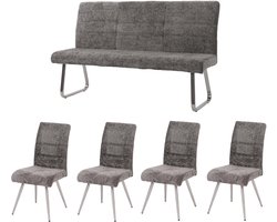 Eetkamerset MCW-G55, set van 4 stoelen + bank 160cm, geborsteld roestvrij staal stof/textiel chenille ~ donkergrijs