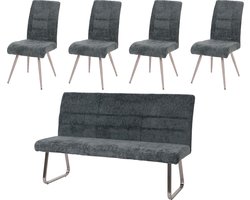 Eetkamerset MCW-G55, set van 4 stoelen + bank 180cm, geborsteld roestvrij staal stof/textiel chenille ~ blauwgroen