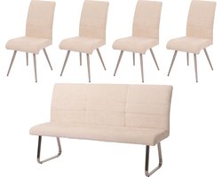 Eetkamerset MCW-G55, set van 4 stoelen + bank 180cm, geborsteld roestvrij staal stof/textiel chenille ~ crème