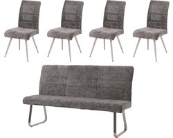 Eetkamerset MCW-G55, set van 4 stoelen + bank 180cm, geborsteld roestvrij staal stof/textiel chenille ~ donkergrijs