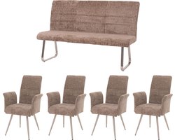 Eetkamerset MCW-G55, set van 4 stoelen met armleuningen + bank 160cm, geborsteld roestvrij staal stof/textiel chenille ~ bruin