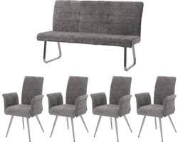 Eetkamerset MCW-G55, set van 4 stoelen met armleuningen + bank 160cm, geborsteld roestvrij staal stof/textiel chenille ~ donkergrijs