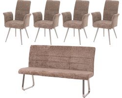 Eetkamerset MCW-G55, set van 4 stoelen met armleuningen + zitbank 180cm, geborsteld roestvrij staal stof/textiel chenille ~ bruin