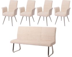 Eetkamerset MCW-G55, set van 4 stoelen met armleuningen + zitbank 180cm, geborsteld roestvrij staal stof/textiel chenille ~ crème