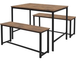Eetkamerset met 2 banken 3-delig met eettafel rustiek eiken stalen frame ML design