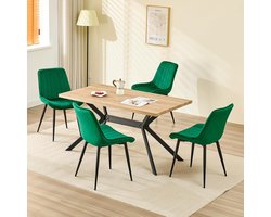 Eetkamerset met houten tafel en 4 fluwelen stoelen – HomeByNicole Luxe Eettafel Set 140x80 cm – Moderne Rechthoekige Eettafel van Licht Hout met Groene Holland Fluwelen Stoelen – Duurzame Eetkamergroep voor Keuken, Woonkamer & Eetkamer