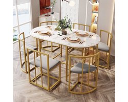 Eetkamerset met zes stoelen: (witte tafel, stoelen met rugleuning en grijze bekleding, goudkleurig ijzeren frame), eetkamerset, moderne eettafelcombinatie