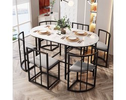 Eetkamerset met zes stoelen: (witte tafel, stoelen met rugleuning en grijze bekleding, zwart ijzeren onderstel), eetkamerset, moderne eettafelcombinatie