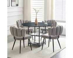 Eetkamerset - Ø107 cm - ronde tafel 2-laags opbergruimte + 4 grijze bloemrug stoelen - industrieel - MDF+metaal+stof - grijs