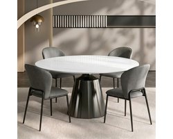 Eetkamerset - Ronde Keramische Eettafel Ø 150 cm met 4 Stoelen - Marmerlook Sneeuwwit - Geschikt voor 4 tot 6 Personen - Microvezel Leder - 316L Koolstofstaal - Modern Design