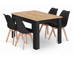 Eetkamerset – Tafel 120x80 cm Artisan – Zwarte poten – + 4 stoelen MARK zwart met houten poten