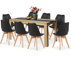 Eetkamerset Tafel met 8 Stoelen Rechthoekig Eikenlook en Zwarte Zittingen - Complete Eetgroep