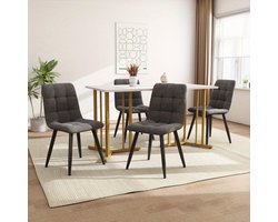 Eetkamerset – Tafel Stoel Set – Diningset – Eettafel Met Stoelen – Wit MDF Marmer – Donkergrijze Velvet Stoelen – Verstelbare Tafelpootjes – Metalen Frame