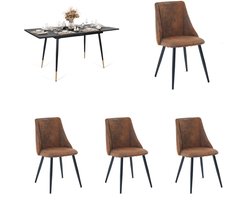 Eetkamerset - Uittrekbare Tafel En 4 Vintage Suede Stoelen - Bruin