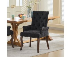 Eetkamerstoel - 1 Stuk - Chenille Stoffen Stoel - Gebogen Massief Houten Poten - Elegant Gestoffeerd - Antraciet - DE1895BK