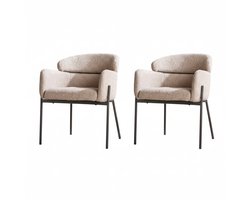 Eetkamerstoel Beige Bouclé Set Van 2 - Taupe/Beige Dinerstoel met Comfortabele Bouclé Teddy Zitting - Luxe Zachte Stoel in Industriële Stijl - Industrieel Eetkamer Stoel (62x61x80) Set Van 2