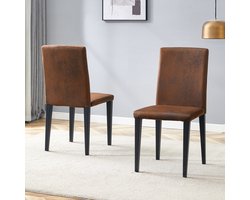 Eetkamerstoel - Donkerbruine stoffen rugleuning met zwarte metalen poten - Geschikt voor moderne eetkamers, woonkamers, etc. - Bruin - 2 stoelen