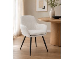 Eetkamerstoel Flore – Luxe Gestoffeerde Armstoel – Raven Stof – Metalen Poten - Ivory