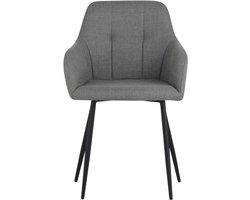 Eetkamerstoel – Grijze Stoffen Stoel met Armleuning – Moderne Dining Chair met Zwarte Metalen Poten