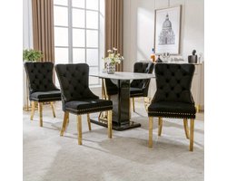 Eetkamerstoel – Keukenstoel – Woonkamerstoel – Stoel – Set van 4 – Uniek Rond Handvat – Gouden Roestvrijstalen Poten Met Spijkerbespijkering – Zwarte Stof