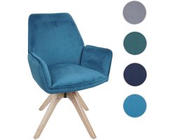 Eetkamerstoel MCW-G67, eettafelstoel, keukenstoel, stoel met armleuningen, draaibaar, hout, fluweel 320 g/m², MVG ~ turkooisblauw