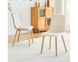 Eetkamerstoel met geplooide zitting en massief houten poten (set van 2). Bekleed met witte stof, totale hoogte 88 cm – moderne, Scandinavische eetkamerstoel. Geschikt voor eetkamers, keukens, etc.