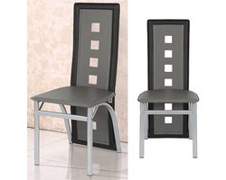 Eetkamerstoel met poten van verchroomd staal, keukenstoelen met hoge rugleuning, PU-eetkamerstoelen, comfortabele eetkamerstoelen (6 stuks grijs-zwart en zilver)