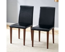 Eetkamerstoel - Minimalistische eetkamerstoel - Zwart PU-leer met donker walnootkleurige metalen poten - Geschikt voor moderne eetkamers - 2 stoelen