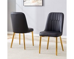 Eetkamerstoel - Modern minimalistisch design - Verbreed zitvlak en rugleuning - Gouden metalen poten - Geschikt voor eetkamers en keukens - Zwart - 2 stoelen