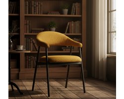 Eetkamerstoel Oker Geel Design met Armleuningen en Zwart Metalen Onderstel – Comfortabele Breathe Stof – Modern & Luxe Keukenstoel – 54x54x80 cm – Medahomestore
