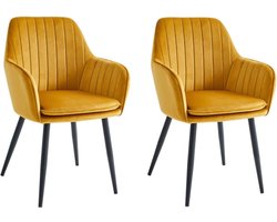 Eetkamerstoel, set van 2, keukenstoel, fauteuil, fluweel, gestoffeerde stoel met armleuningen, loungestoel, belastbaar tot 120 kg, metalen poten, voor eetkamer, keuken, okergeel, lavinia