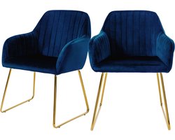 Eetkamerstoel set van 2 met rugleuning en armleuningen Blauwe keukenstoel met microvezel fluwelen bekleding & goudkleurige metalen poten ML design