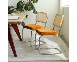 Eetkamerstoel Set Van 2 - Modern Mid Century Design Met Rotan Rugleuning En Fluweel Zitting - Voor Eetkamer, Keuken En Woonkamer - Chroom En Oranje