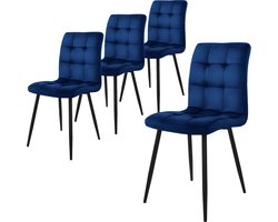 Eetkamerstoel set van 4 grote vierkante gewatteerde donkerblauwe fluwelen bekleding met metalen poten incl. montagemateriaal ML-Design