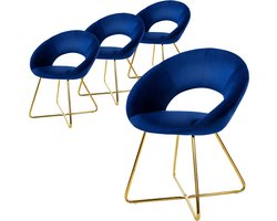 Eetkamerstoel set van 4 met ronde rugleuning blauw fluweel met gouden metalen poten ML design