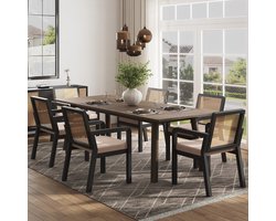 Eetkamerstoel - Set van 6 - Ergonomisch met Rattan Rug - Rubberhouten Poten - Velours - Zwart