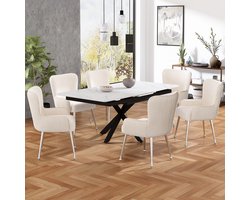 Eetkamerstoel, set van 6, luxe, woonkamer, slaapkamer, loungestoel met vier gouden metalen steunpoten, met armleuningen en verstelbare voeten, lendensteun, Beige