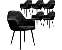 Eetkamerstoel set van 6 met rugleuning en armleuningen zwart Keukenstoel met microvezel fluwelen bekleding
