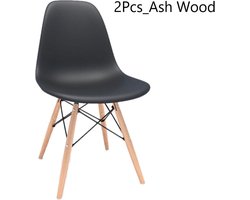 Eetkamerstoel - Shell Chair - Essenhouten Bijzetstoel - Poten met Metaal - Kunststof Stoelen voor Woonkamer Keuken - 2 Stuks Zwart