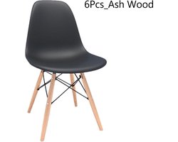 Eetkamerstoel - Shell Chair - Essenhouten Bijzetstoel - Poten met Metaal - Kunststof Stoelen voor Woonkamer Keuken - 6 Stuks Zwart