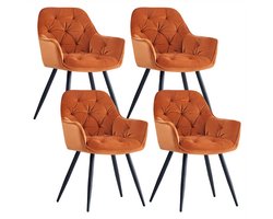 Eetkamerstoel – Stoel – Armstoel – Fluwelen Stoel – Zitstoel – Set van 4 Oranje – Metalen Poten – Zacht Kussen Met Veer