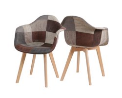 Eetkamerstoel – Stoel – Kuipstoel – Armstoel – Draaistoel – Set van 2 – Ergonomisch Design – Houten Poten – Patchwork Ruitmotief Bruin & Beige