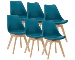 Eetkamerstoel – Stoel – Kuipstoel – Keukenstoel – Woonkamerstoel – Set van 6 – PU Kunstleer Bekleding – Massief Beukenhout Frame – Turquoise