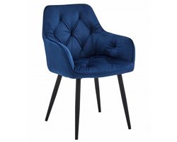 Eetkamerstoel TREVO - Blauw - Velvet - Comfortabele Designstoel met Zwarte Metalen Poten