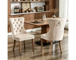Eetkamerstoel-velours stof (2 stuks), gestoffeerde tufted stoelen met hoge rugleuning, nagelversiering en houten poten, ergonomische keukenstoelen voor eetkamer woonkamer salon, beige