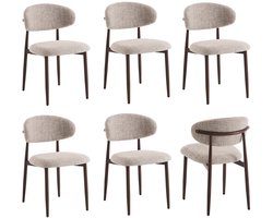 Eetkamerstoelen Celia - Set van 6 - Taupe Walnoot - Japandi Stijl Eetkamerstoel - Zachte Stofbekleding - Metalen Poten Houtlook
